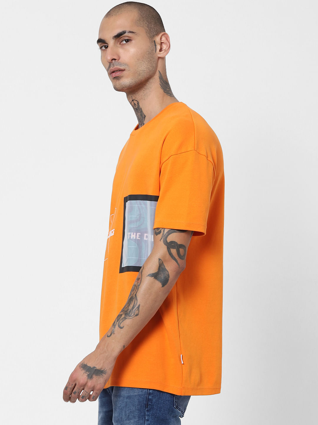 Orange Text Print Crew Neck T-shirt