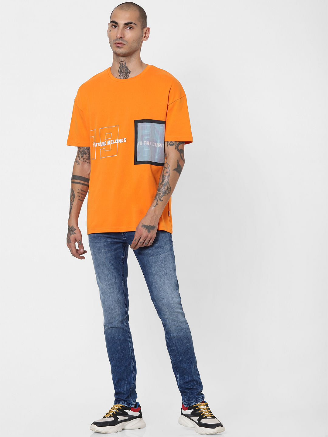 Orange Text Print Crew Neck T-shirt