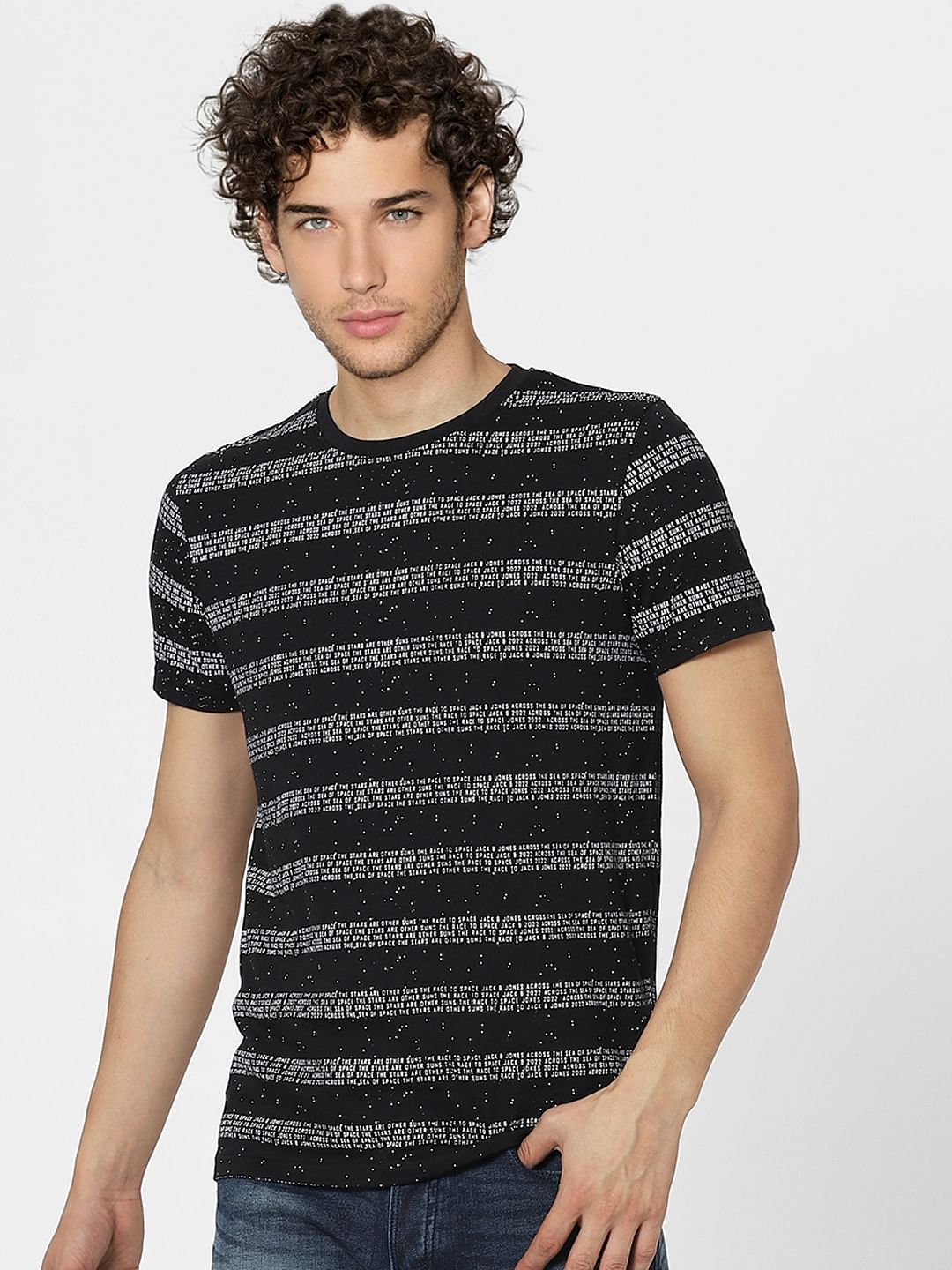 Black Text Stripes Crew Neck T-shirt