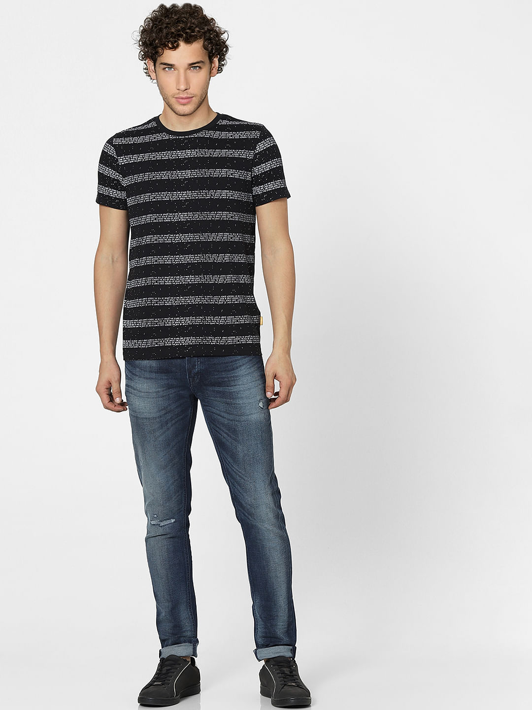 Black Text Stripes Crew Neck T-shirt