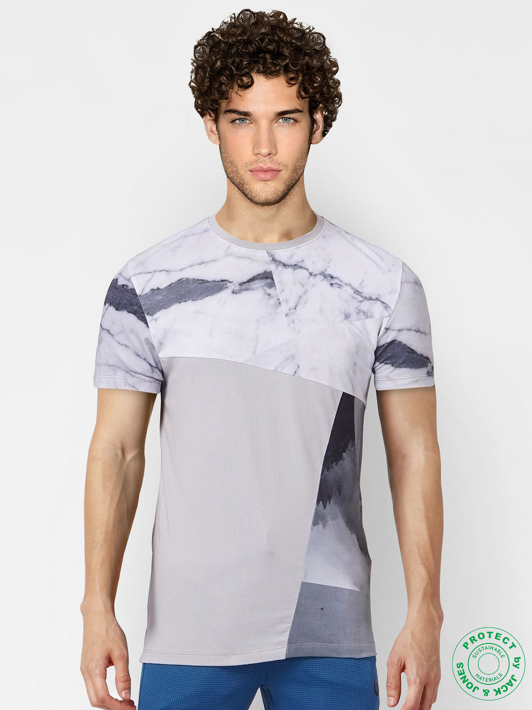 Grey Marble Print Crew Neck T-shirt