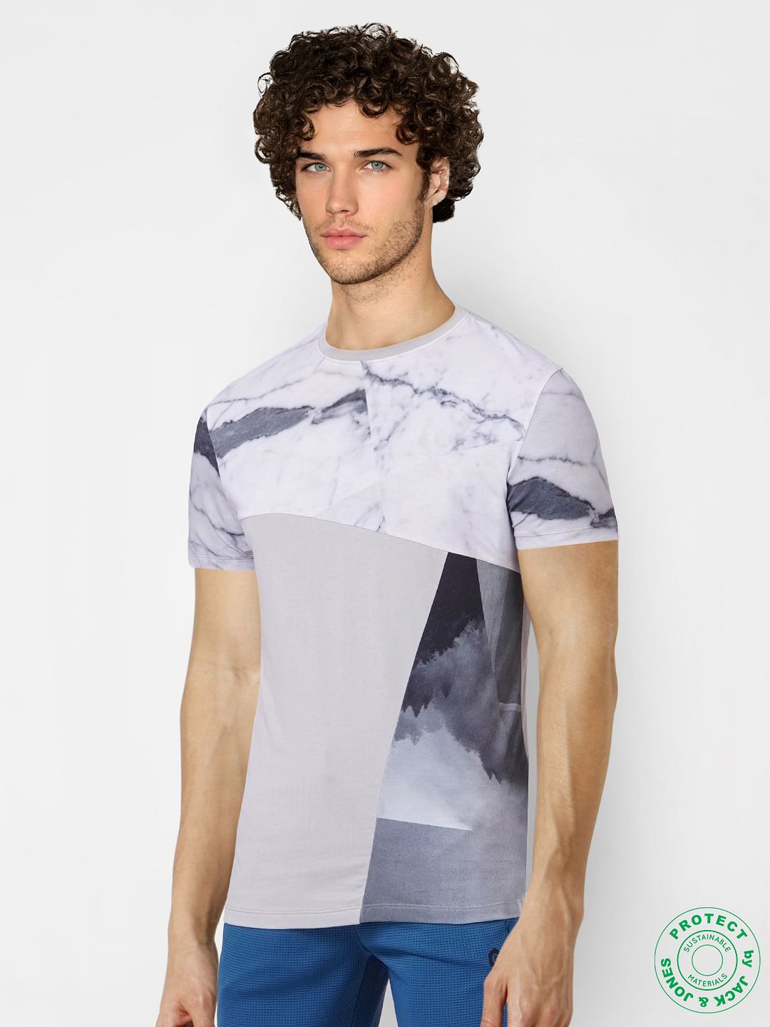 Grey Marble Print Crew Neck T-shirt