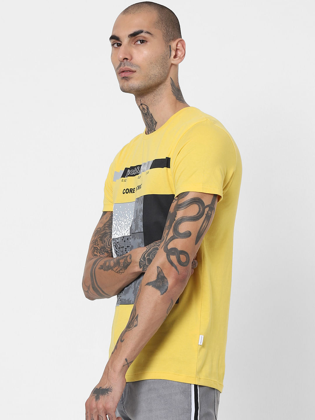 Yellow Pixel Print Crew Neck T-shirt