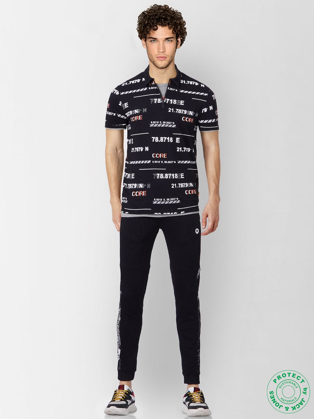Black Graphic Print Polo Neck T-shirt