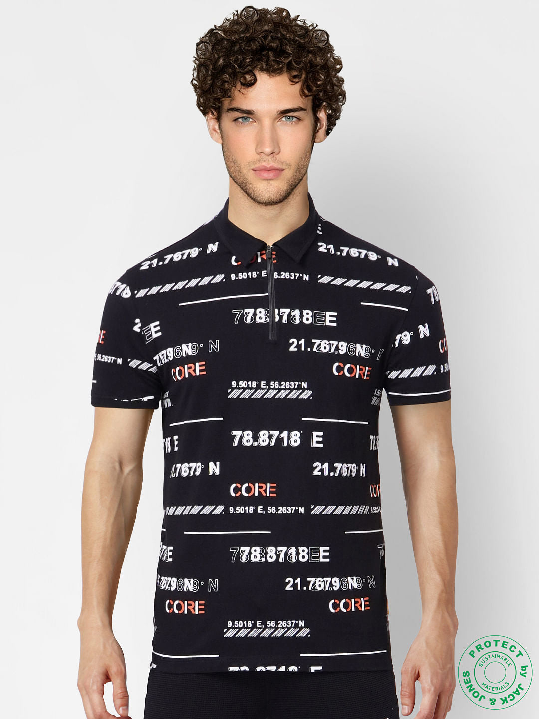 Black Graphic Print Polo Neck T-shirt