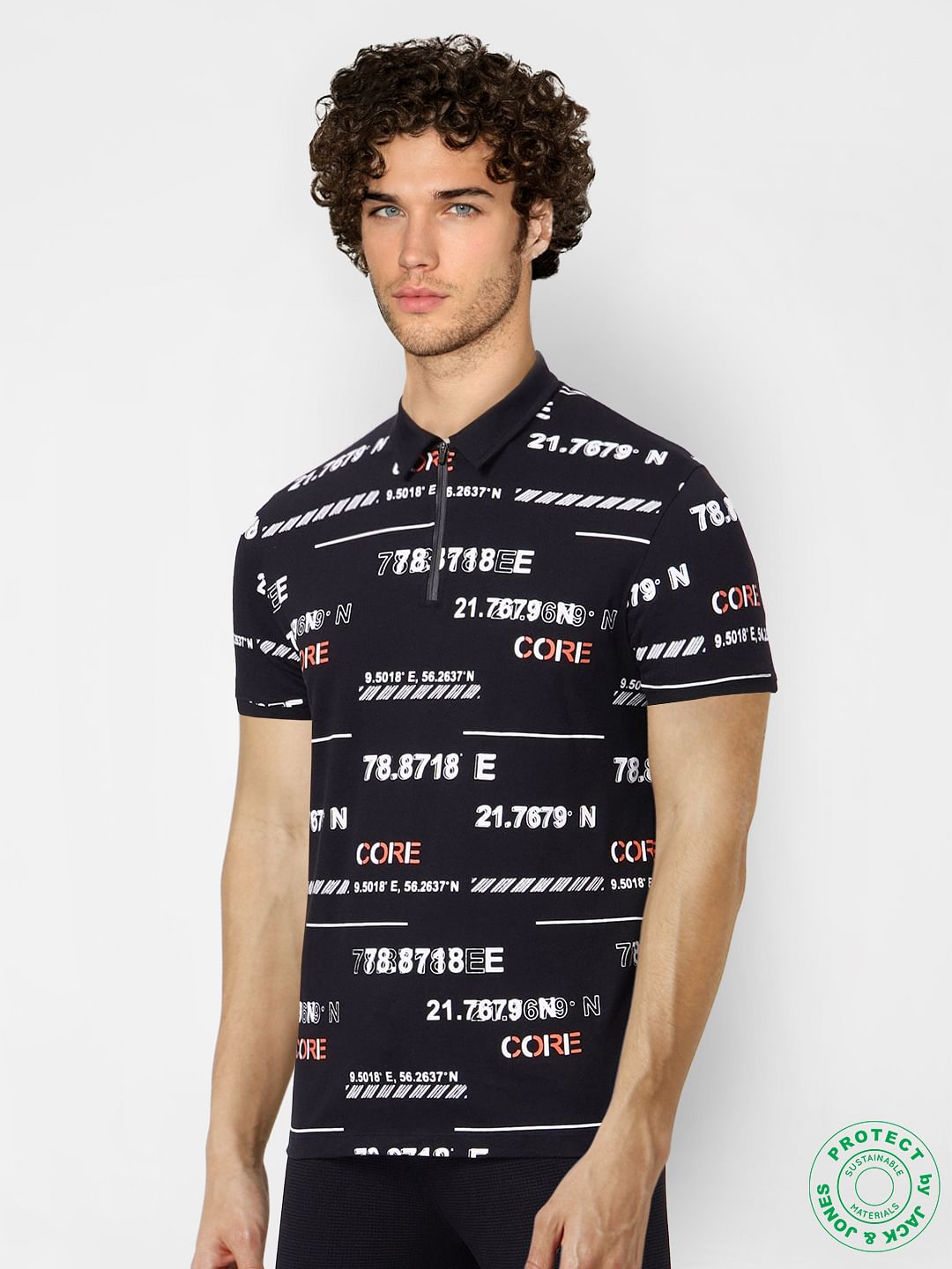 Black Graphic Print Polo Neck T-shirt