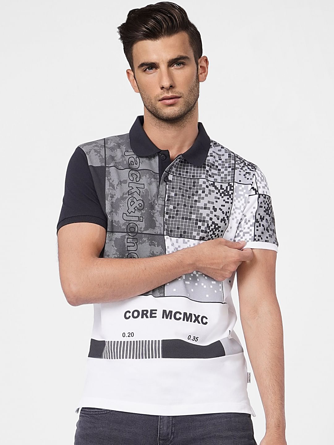 White Pixel Print Polo T-shirt