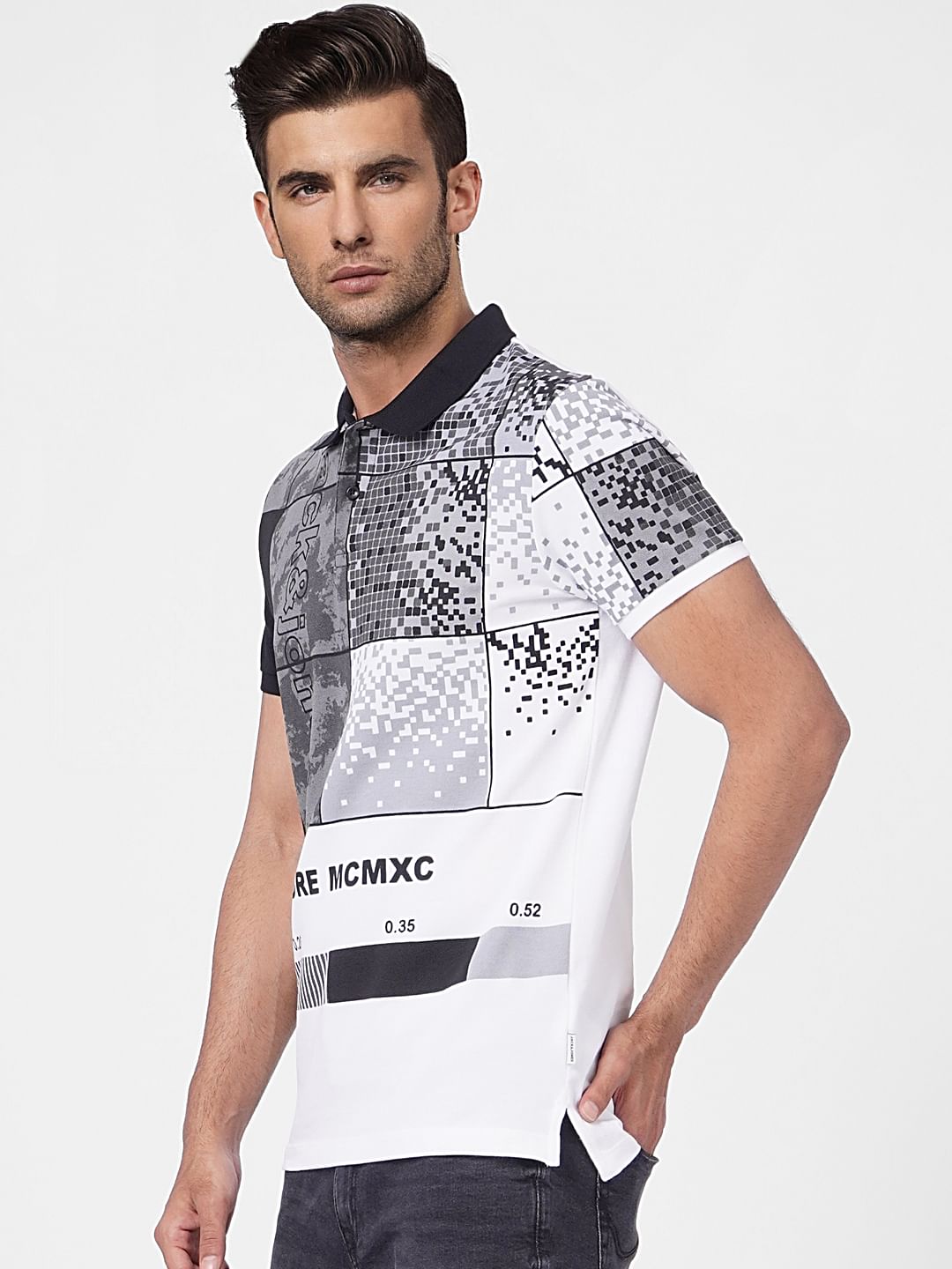 White Pixel Print Polo T-shirt