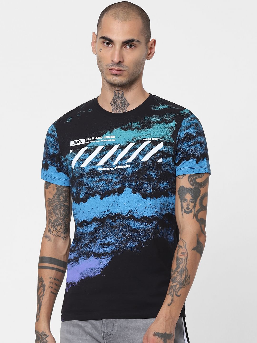 Black Galaxy Print Crew Neck T-shirt