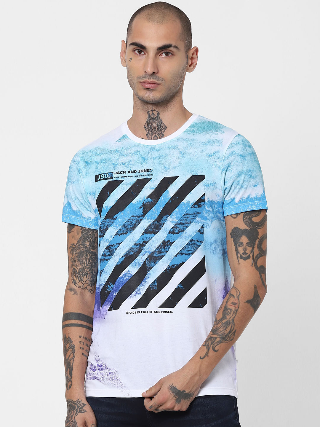 White Galaxy Print Crew Neck T-shirt