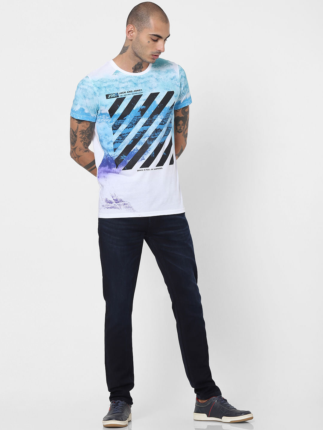 White Galaxy Print Crew Neck T-shirt