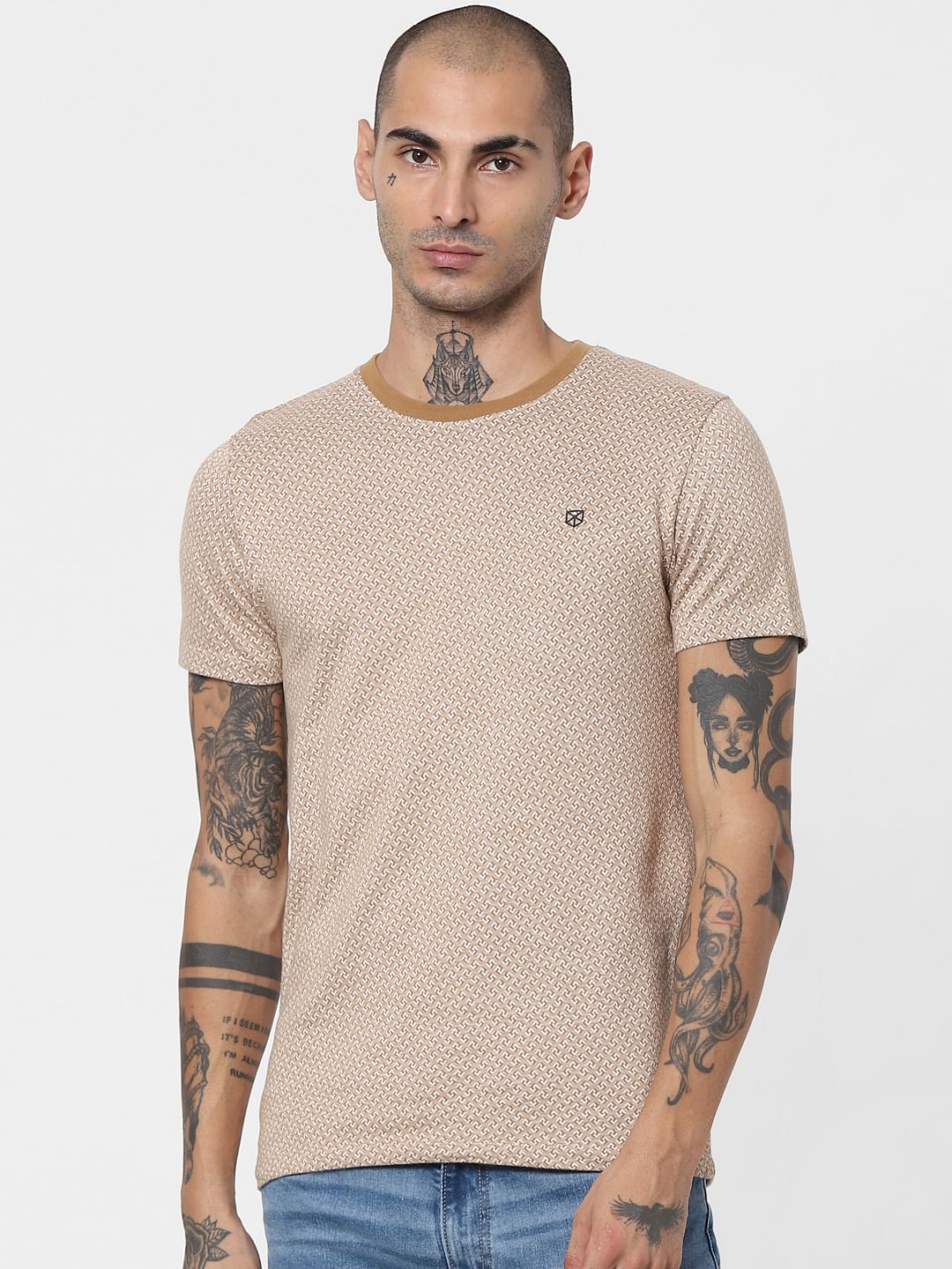 Brown Jacquard Crew Neck T-shirt