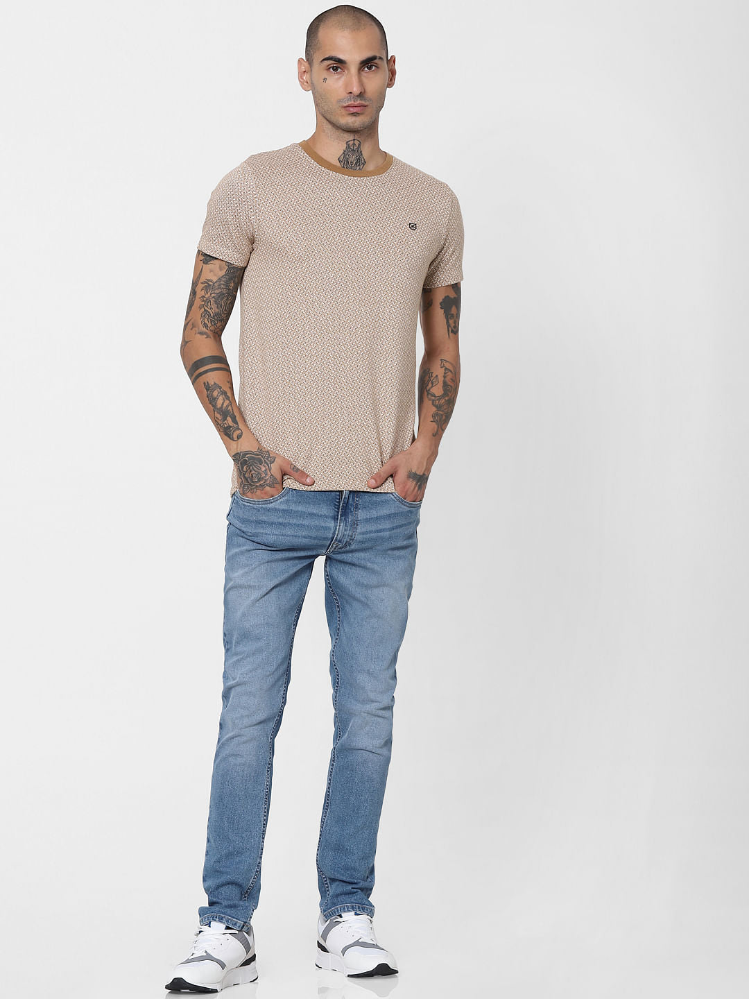 Brown Jacquard Crew Neck T-shirt