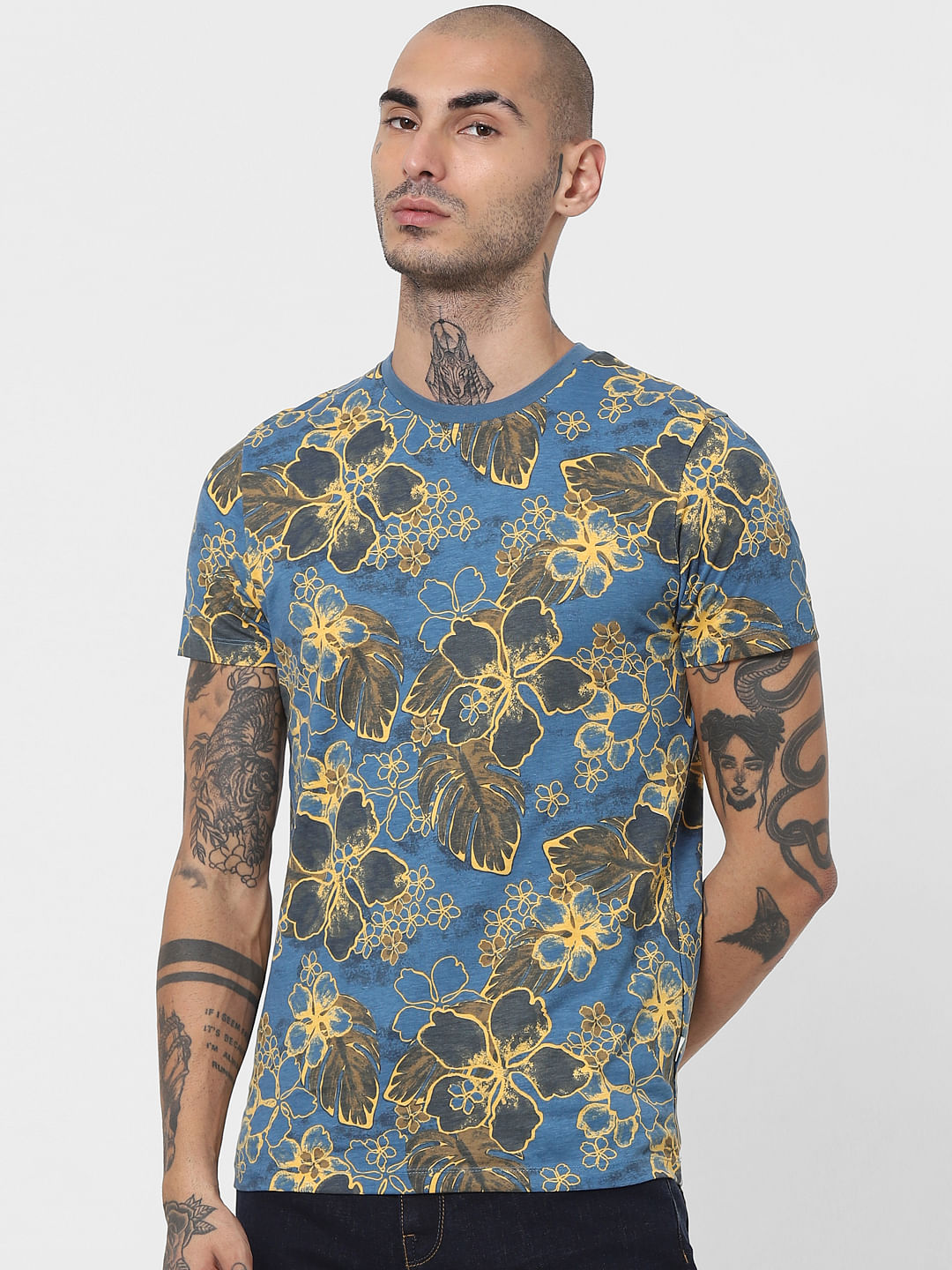 Blue Floral Crew Neck T-shirt