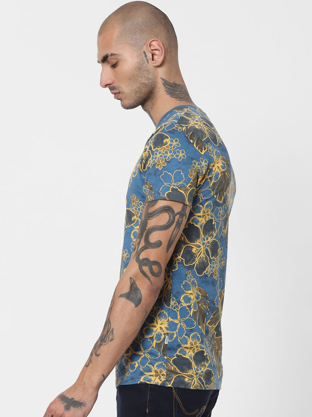 Blue Floral Crew Neck T-shirt
