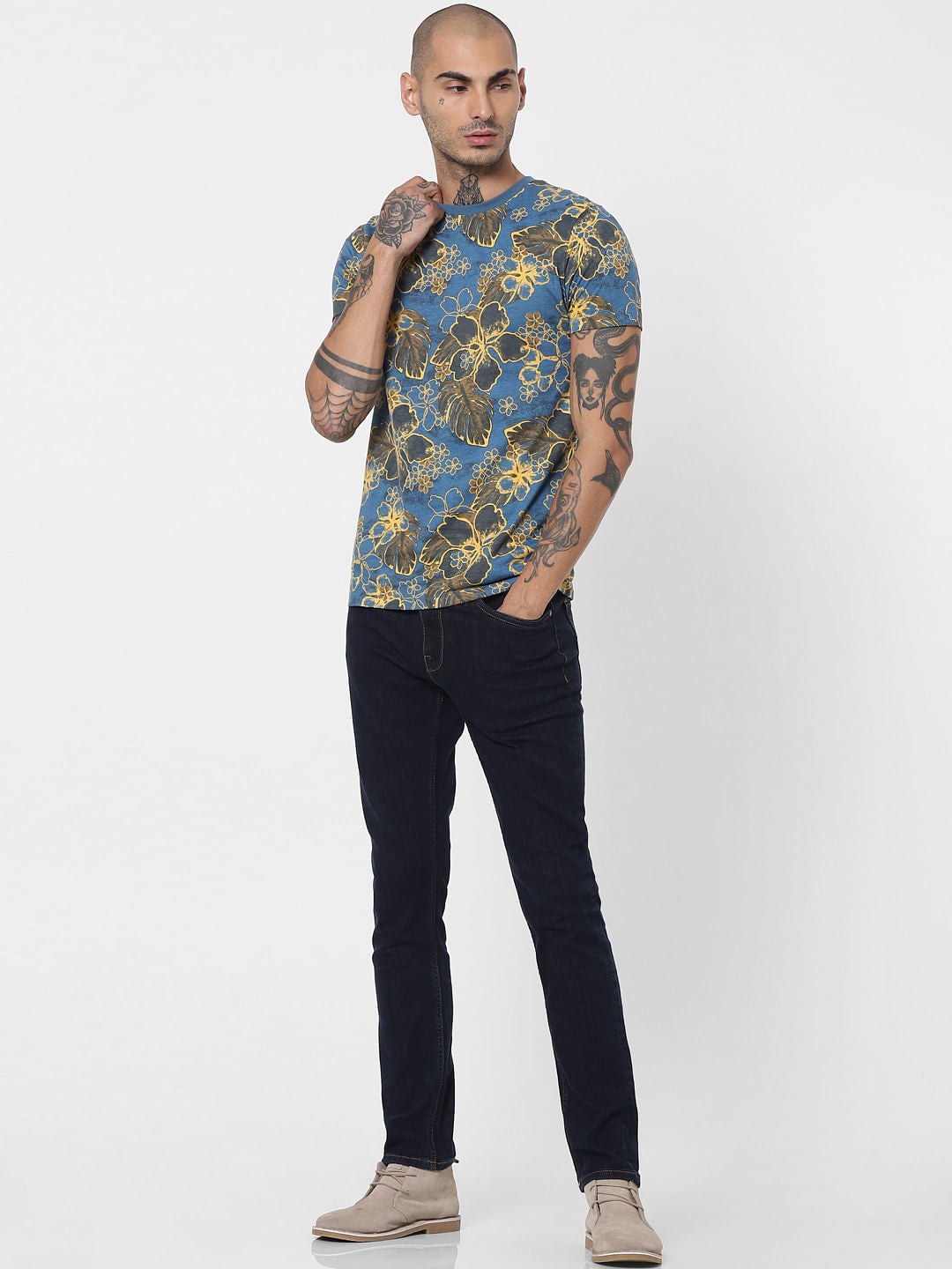 Blue Floral Crew Neck T-shirt