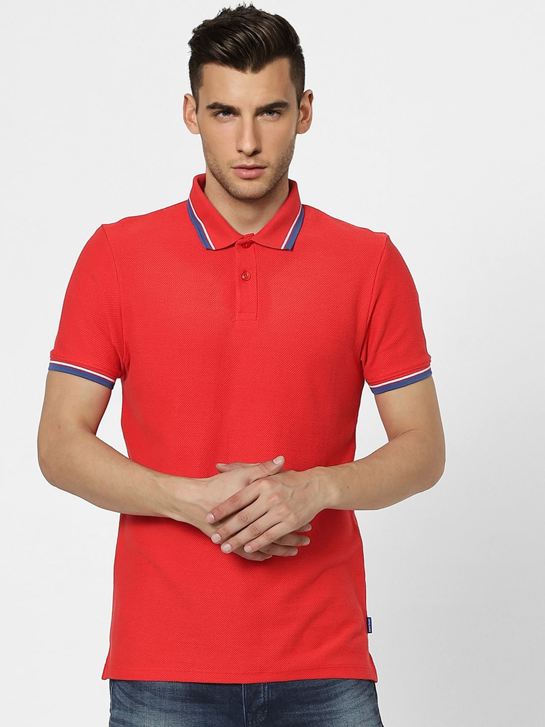 Red Contrast Tipping Polo Neck T-shirt