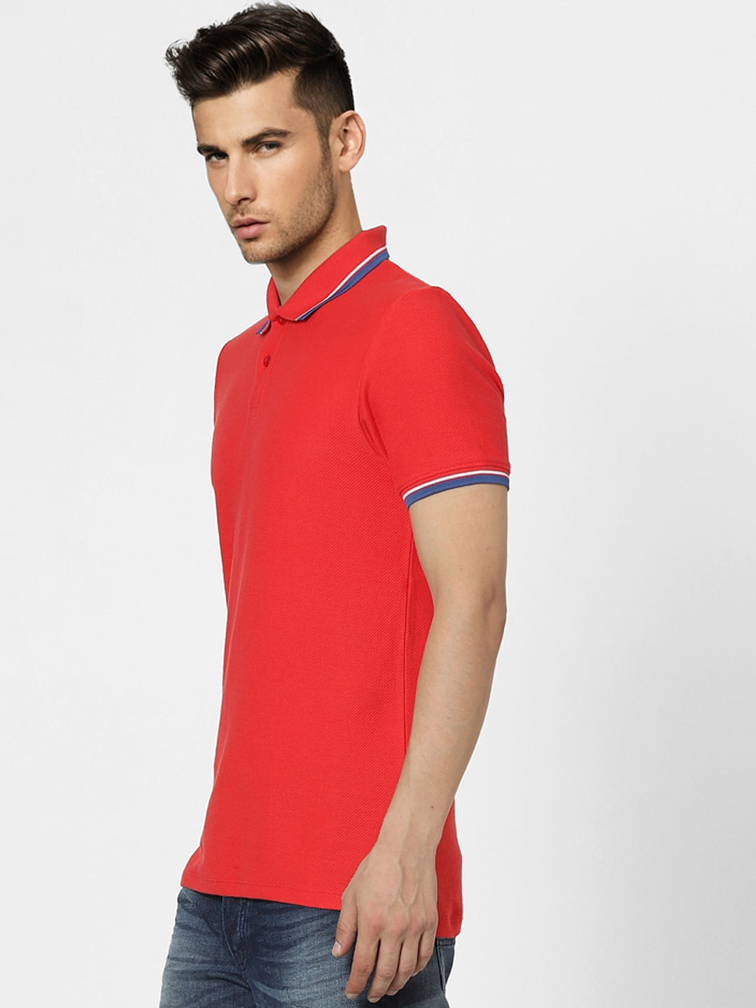 Red Contrast Tipping Polo Neck T-shirt