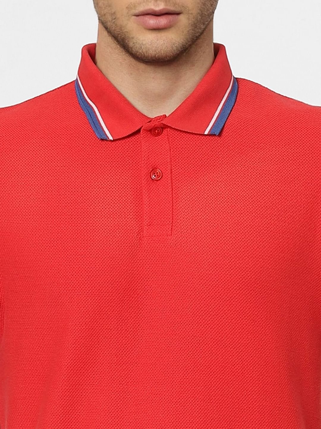 Red Contrast Tipping Polo Neck T-shirt