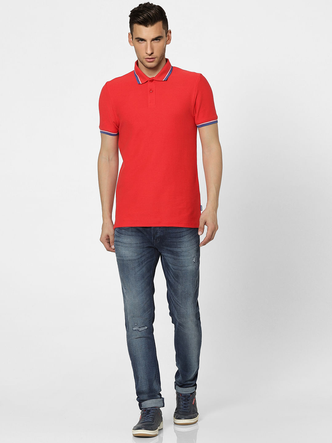 Red Contrast Tipping Polo Neck T-shirt