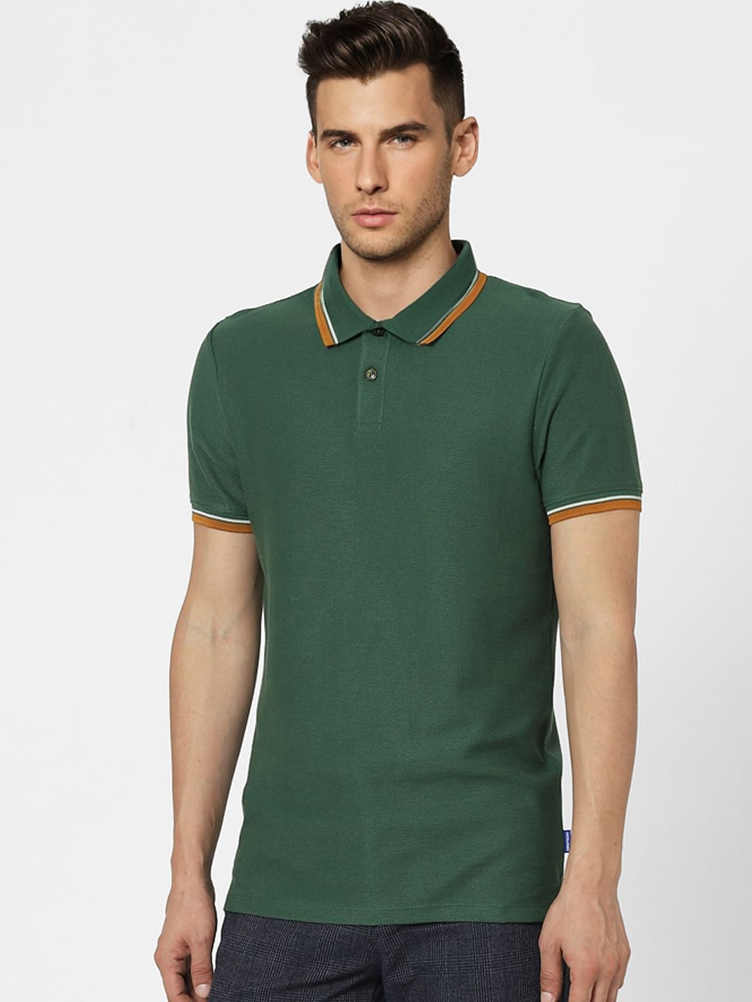 Green Contrast Tipping Polo Neck T-shirt