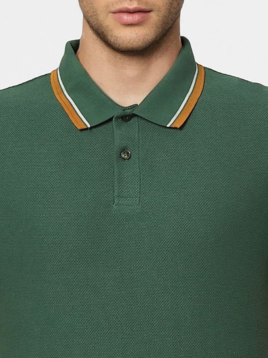 Green Contrast Tipping Polo Neck T-shirt