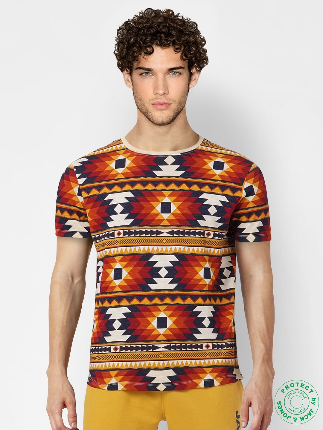 Orange Geometric Print Crew Neck T-shirt