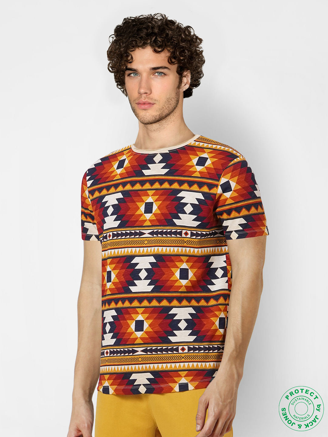 Orange Geometric Print Crew Neck T-shirt