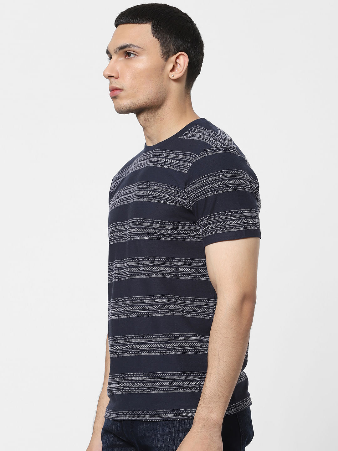 Blue Jacquard Striped Crew Neck T-shirt
