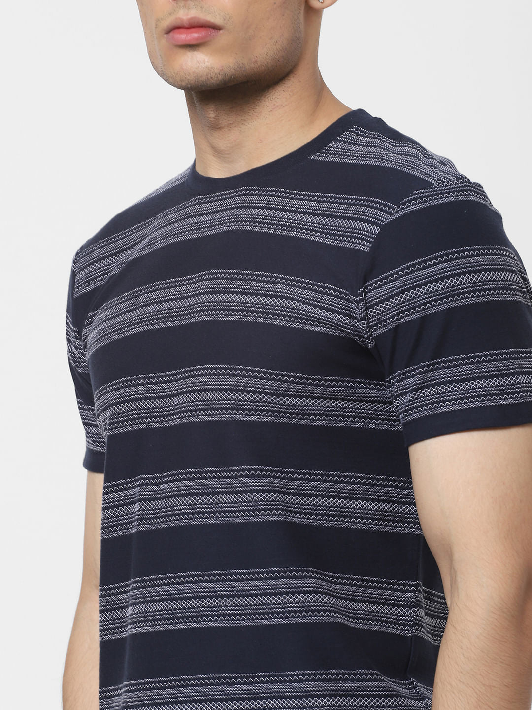 Blue Jacquard Striped Crew Neck T-shirt