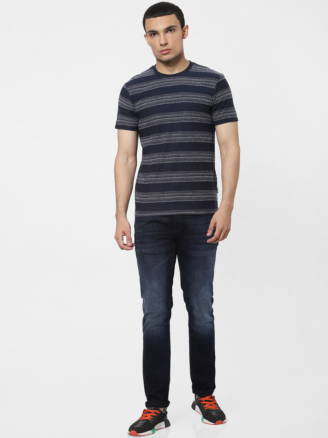 Blue Jacquard Striped Crew Neck T-shirt