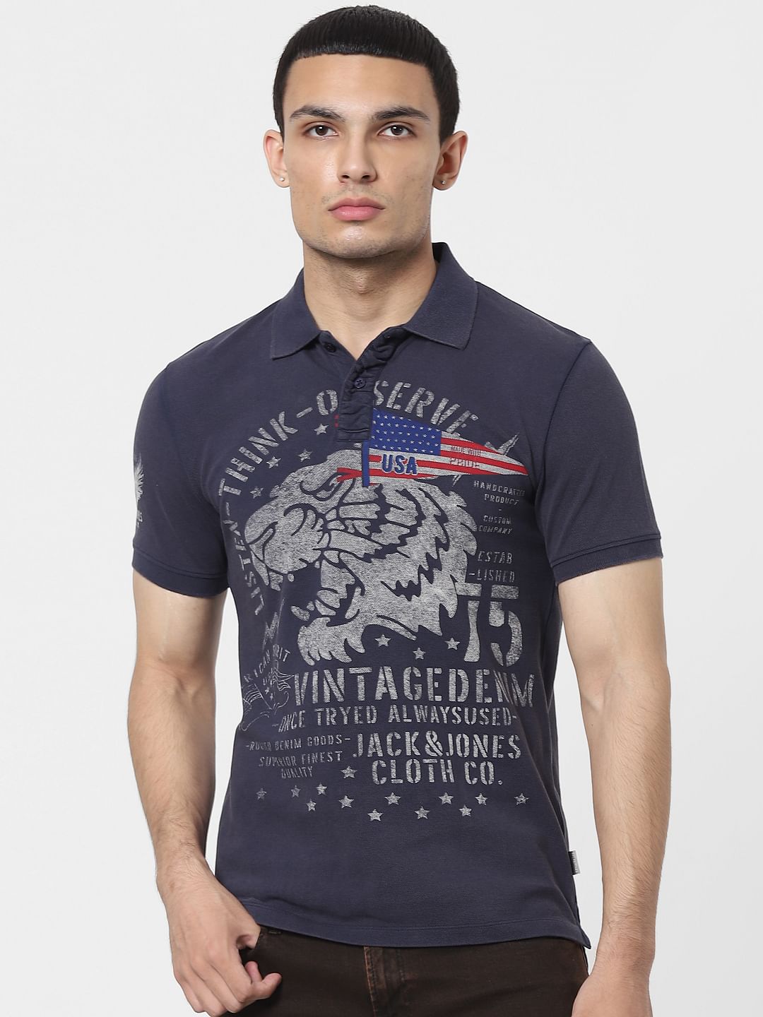 Blue Graphic Print Polo Neck T-shirt