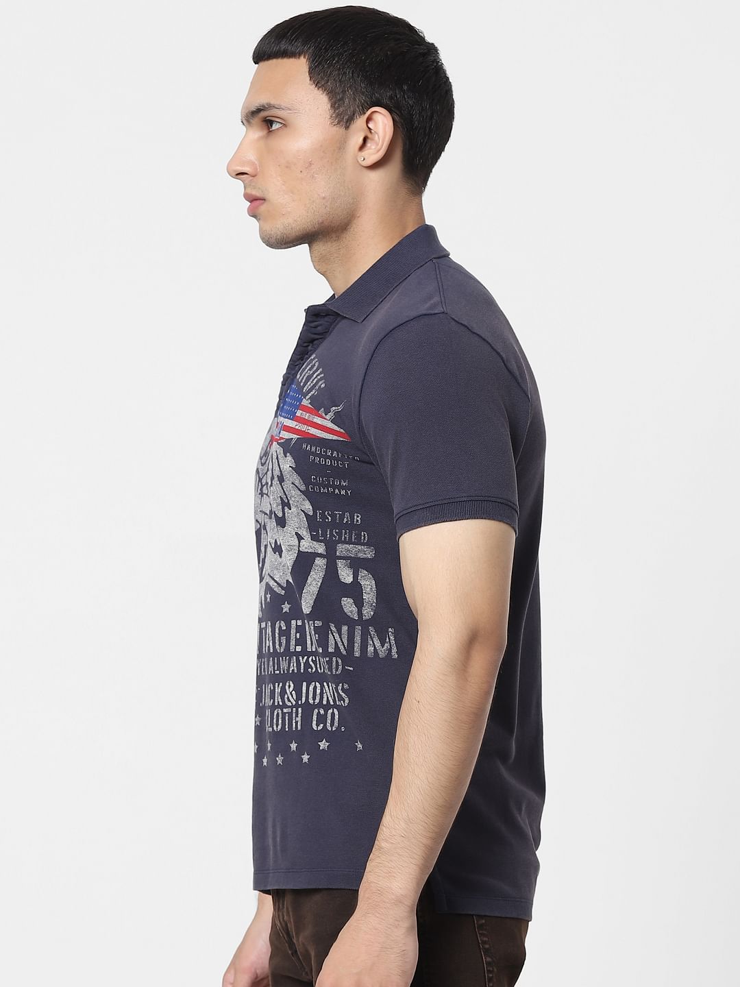 Blue Graphic Print Polo Neck T-shirt