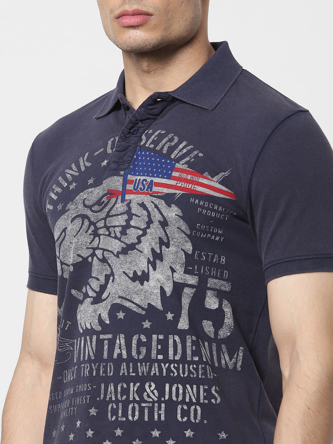 Blue Graphic Print Polo Neck T-shirt