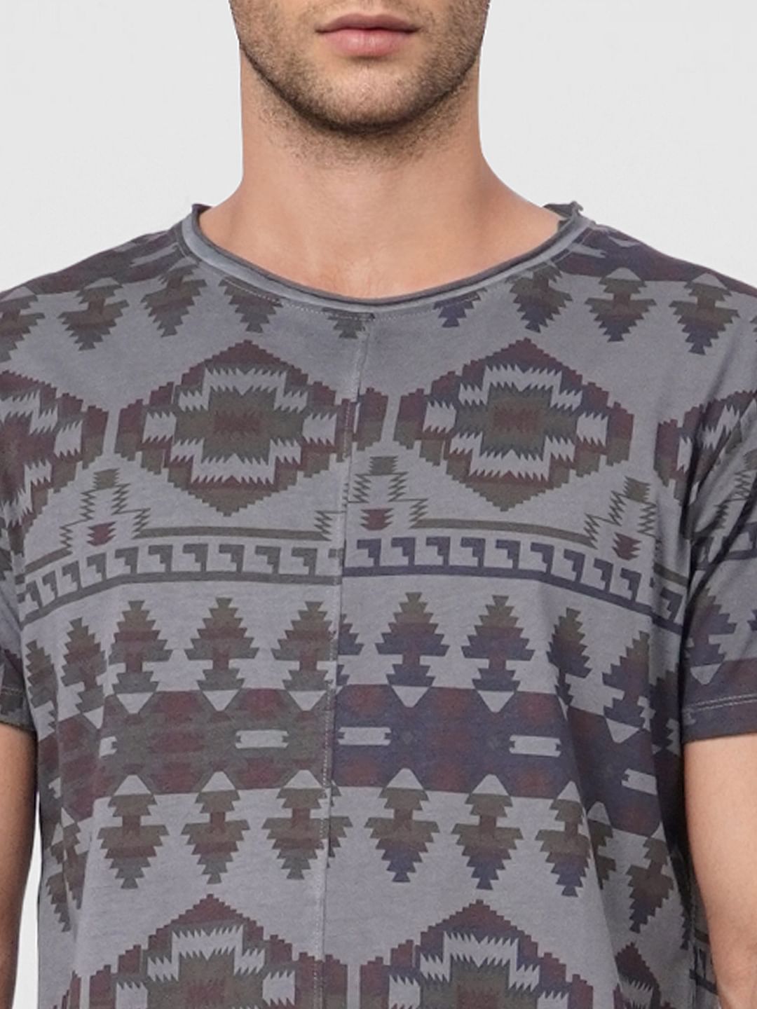Grey Aztec Print Crew Neck T-shirt