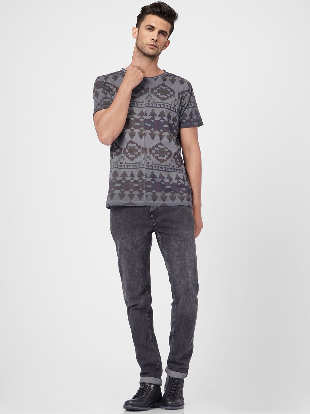 Grey Aztec Print Crew Neck T-shirt