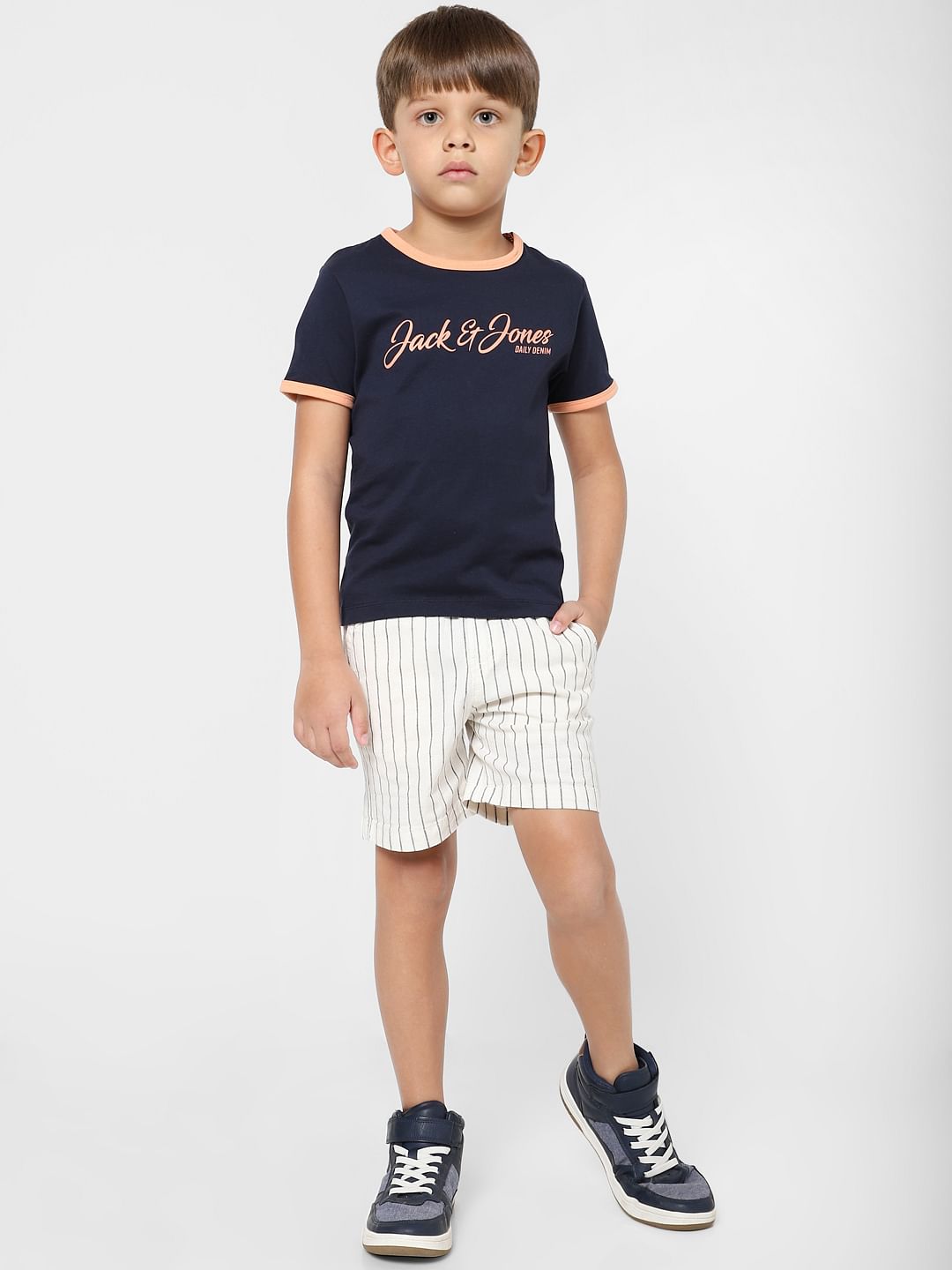Boys White Mid Rise Striped Shorts