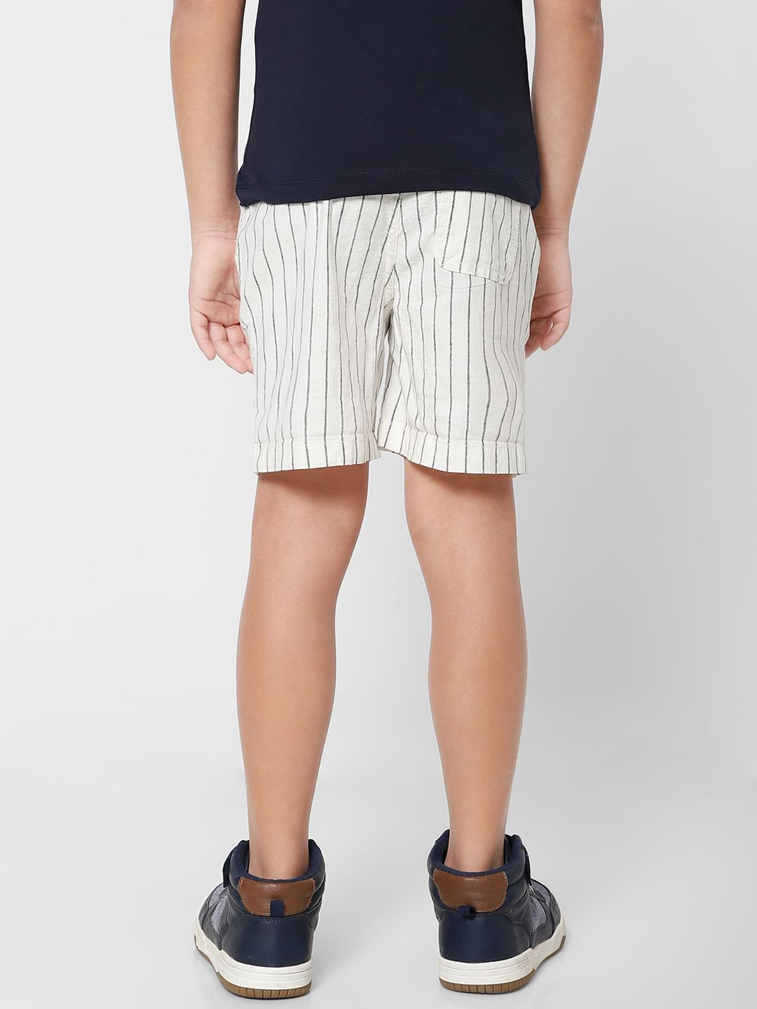 Boys White Mid Rise Striped Shorts