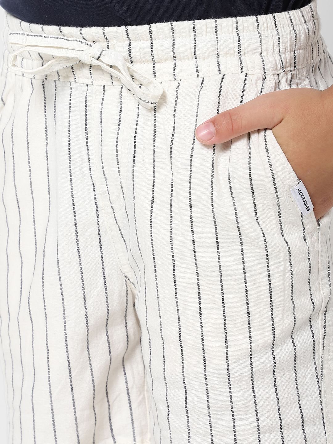 Boys White Mid Rise Striped Shorts