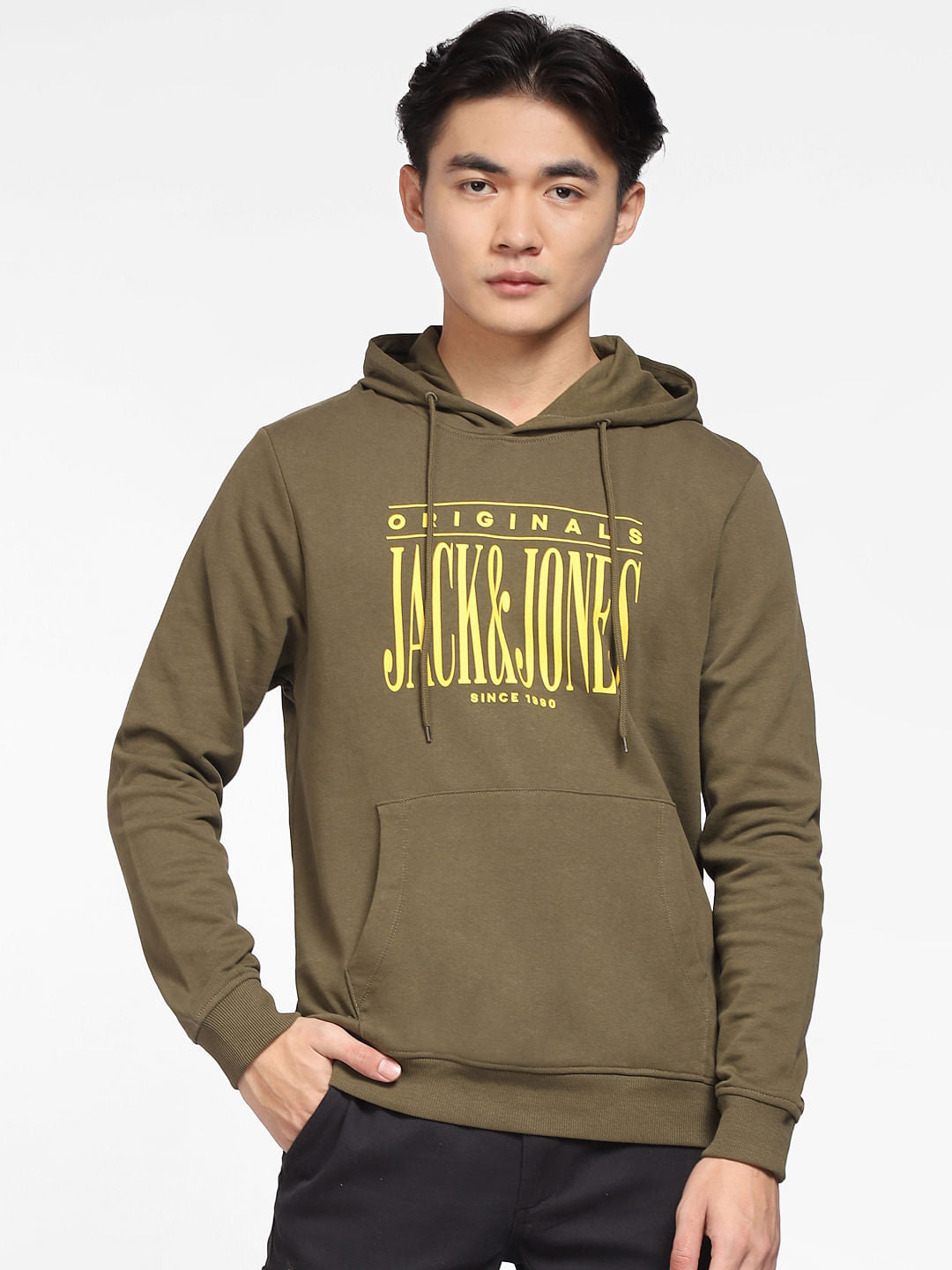 Dark Green Logo Print Hooded Sweatshirt