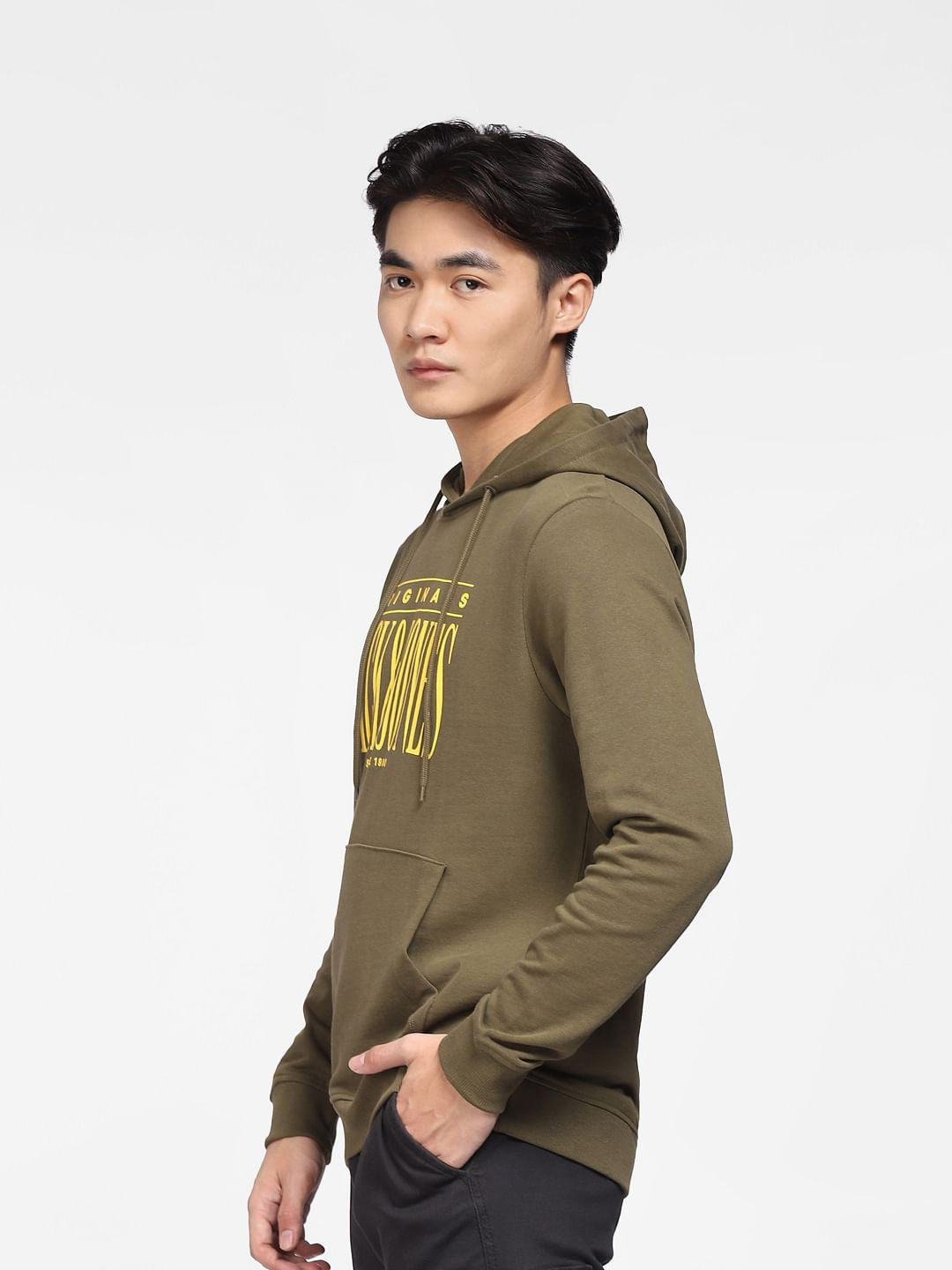 Dark Green Logo Print Hooded Sweatshirt