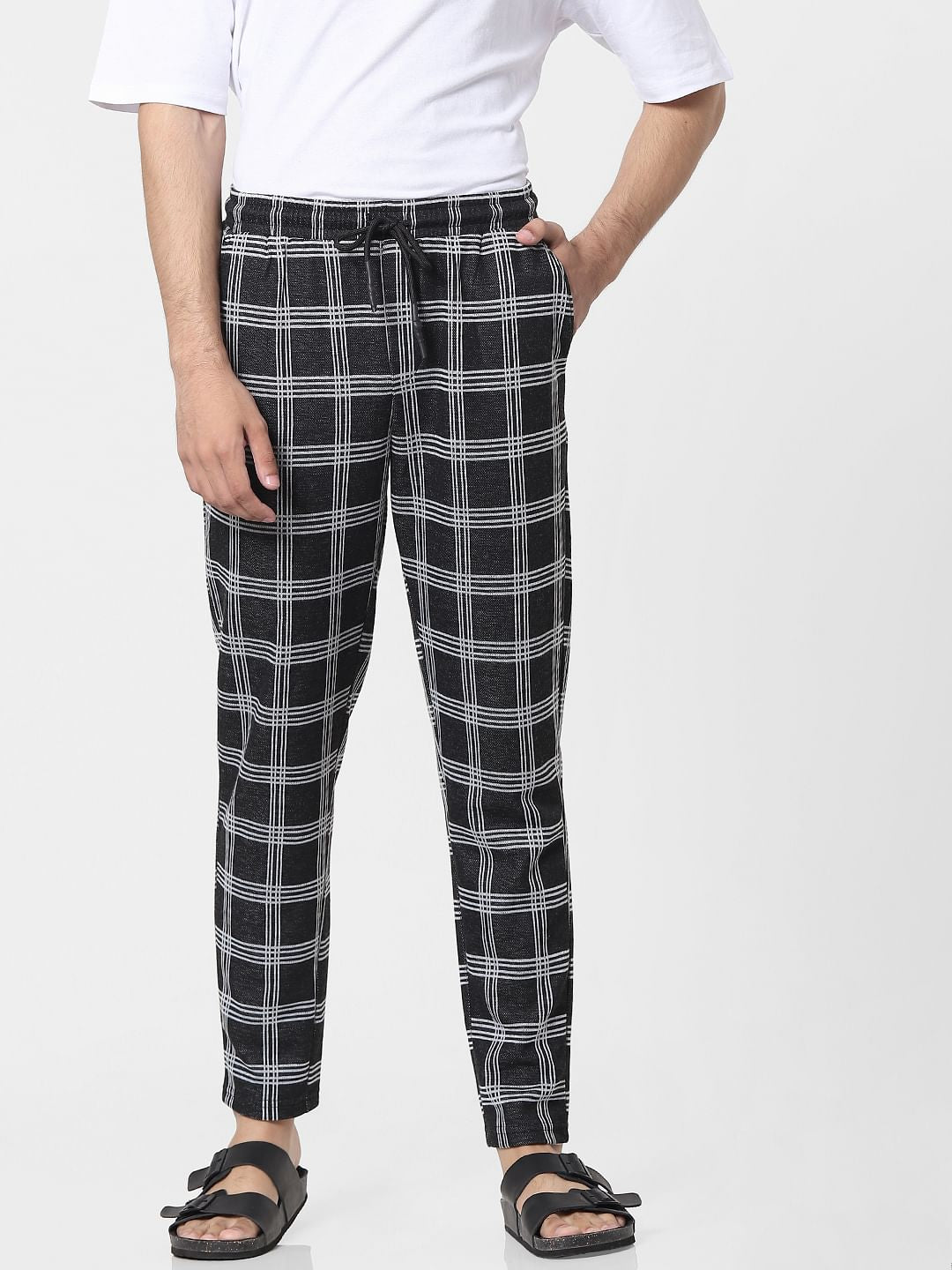 Black Mid Rise Check Pants