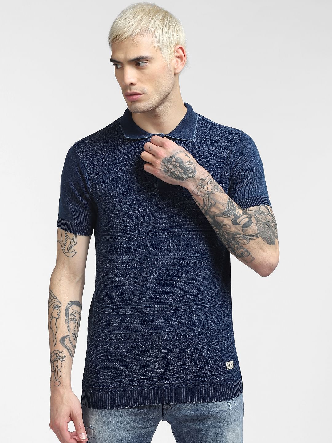 Blue Jacquard Polo Neck T-shirt