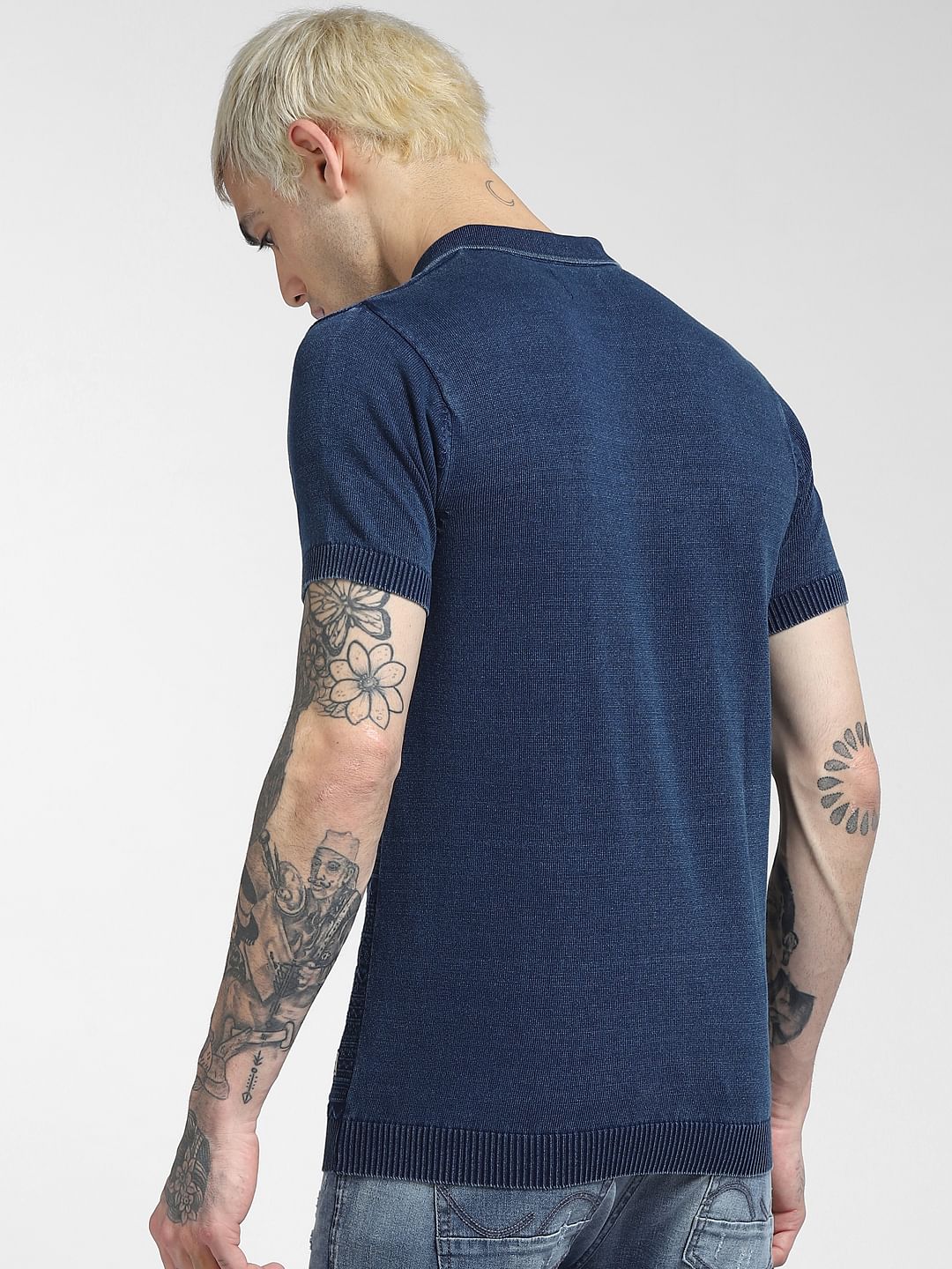 Blue Jacquard Polo Neck T-shirt