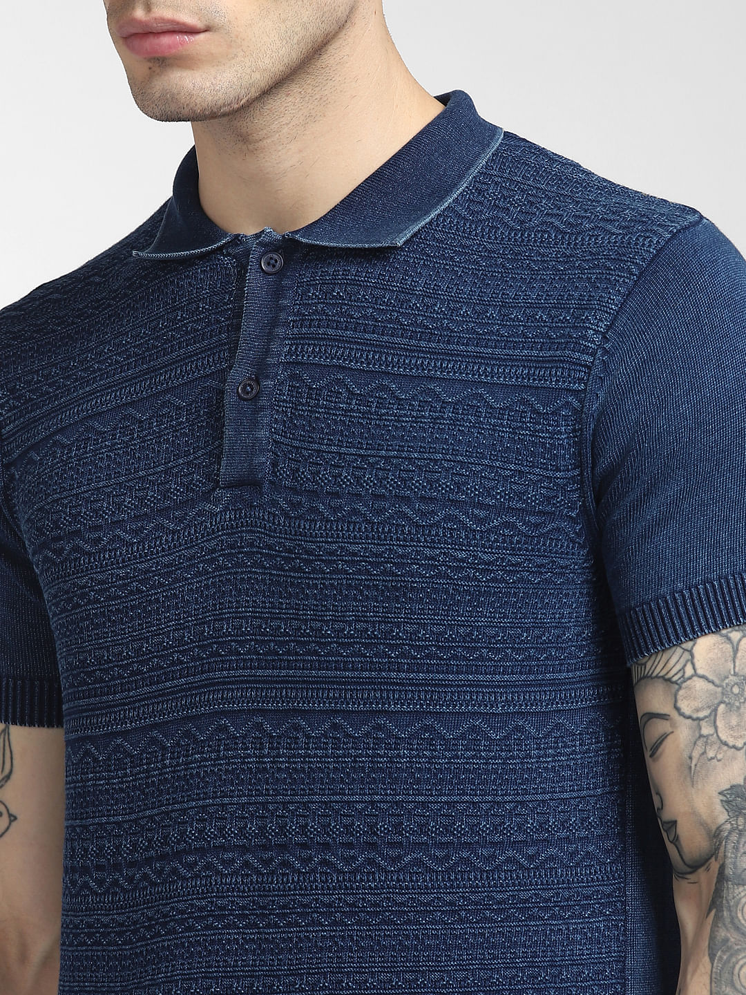 Blue Jacquard Polo Neck T-shirt
