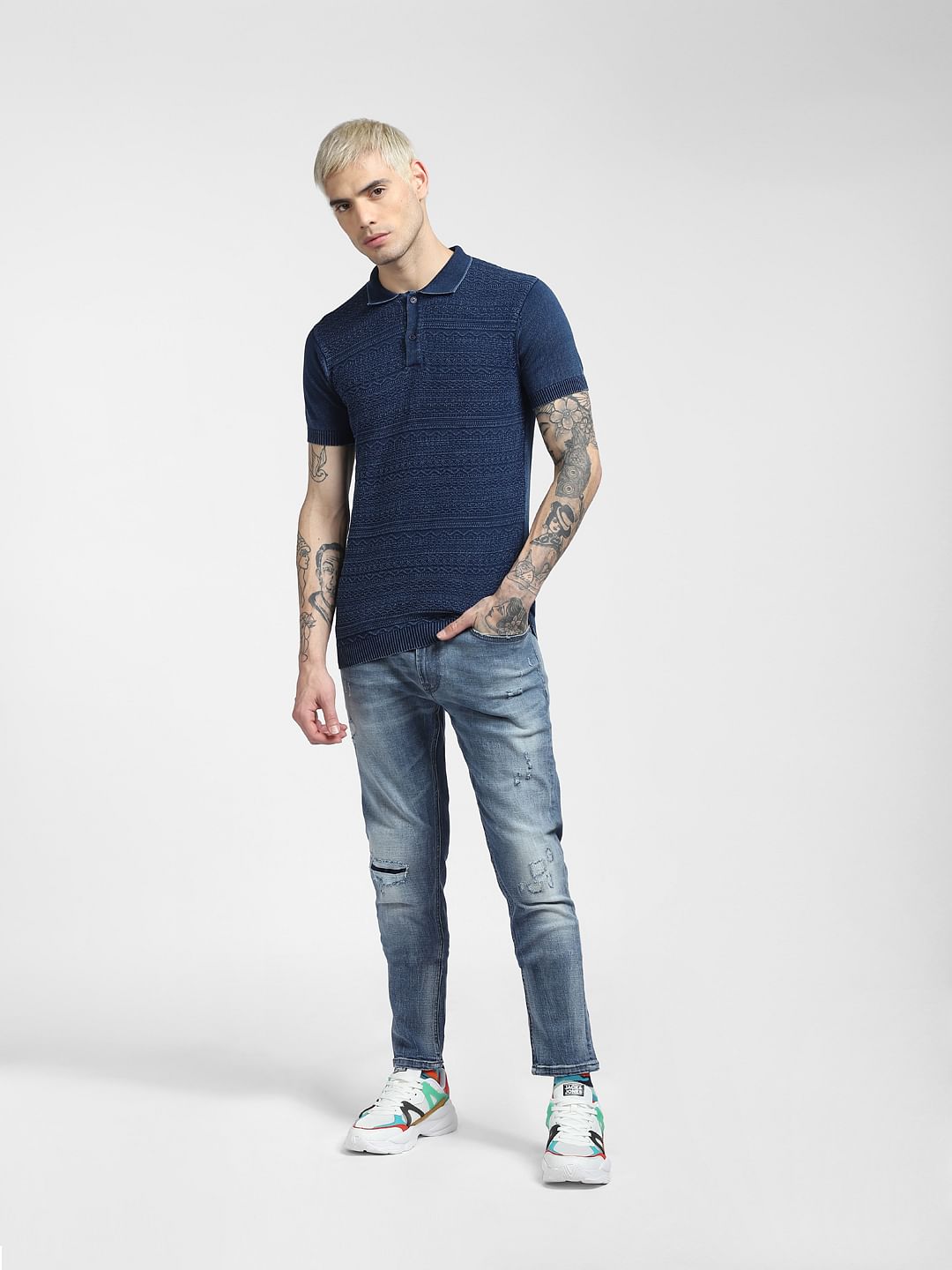 Blue Jacquard Polo Neck T-shirt