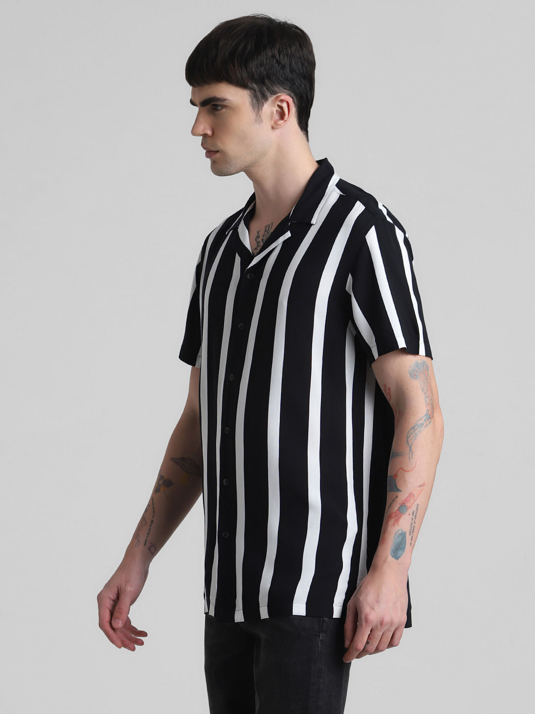 Black Striped Short Sleeves Shirt