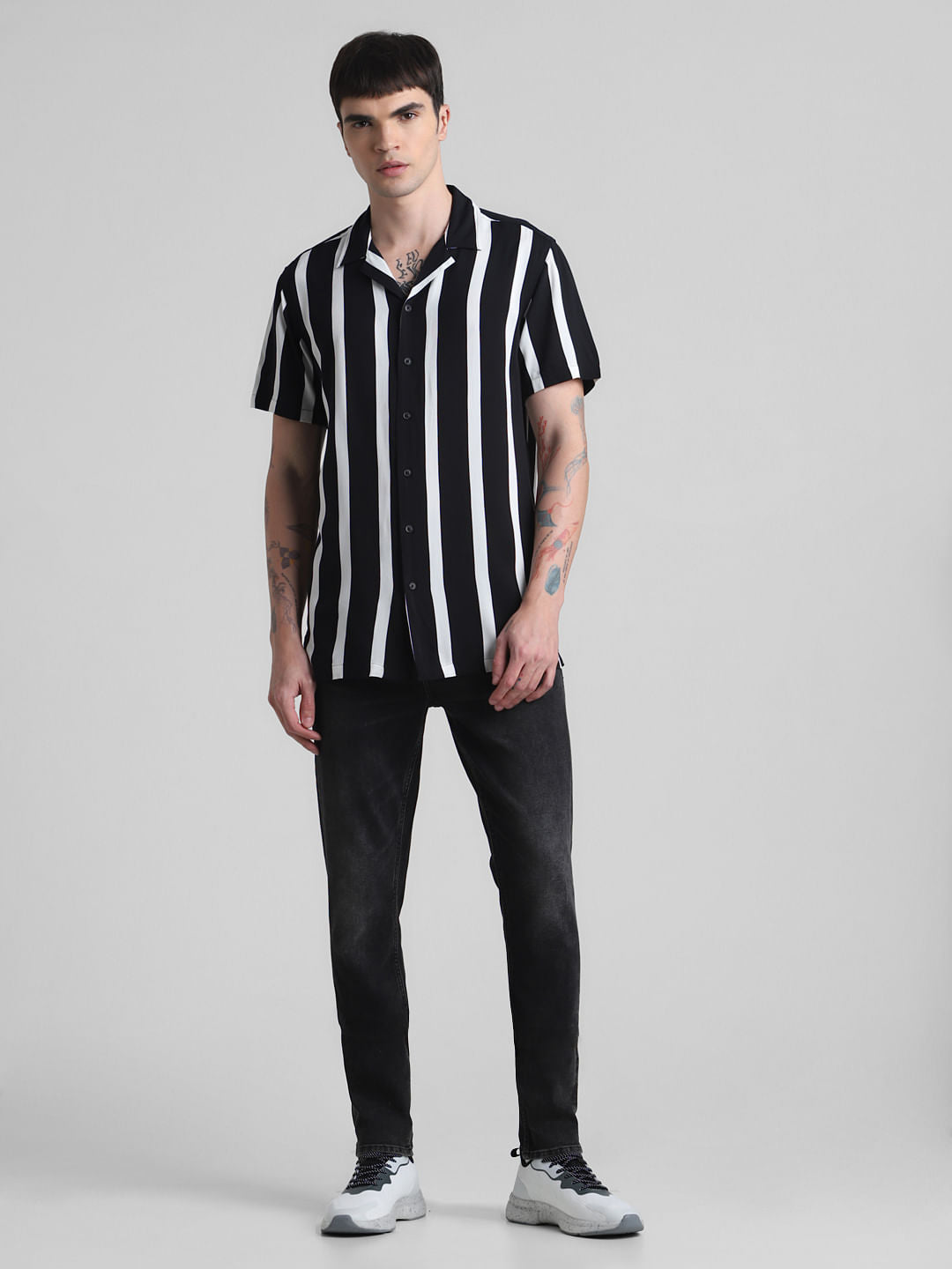 Black Striped Short Sleeves Shirt