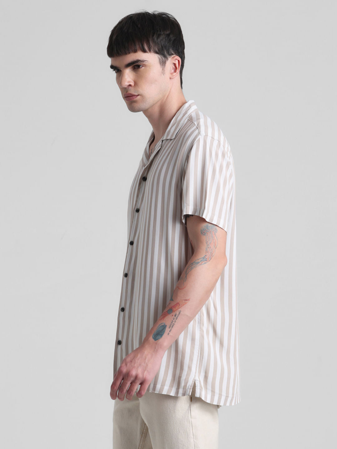 Beige Striped Short Sleeves Shirt