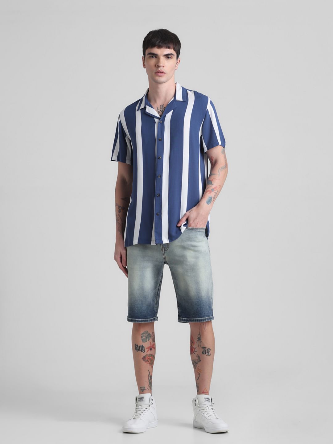 Blue Striped Short Sleeves Shirt